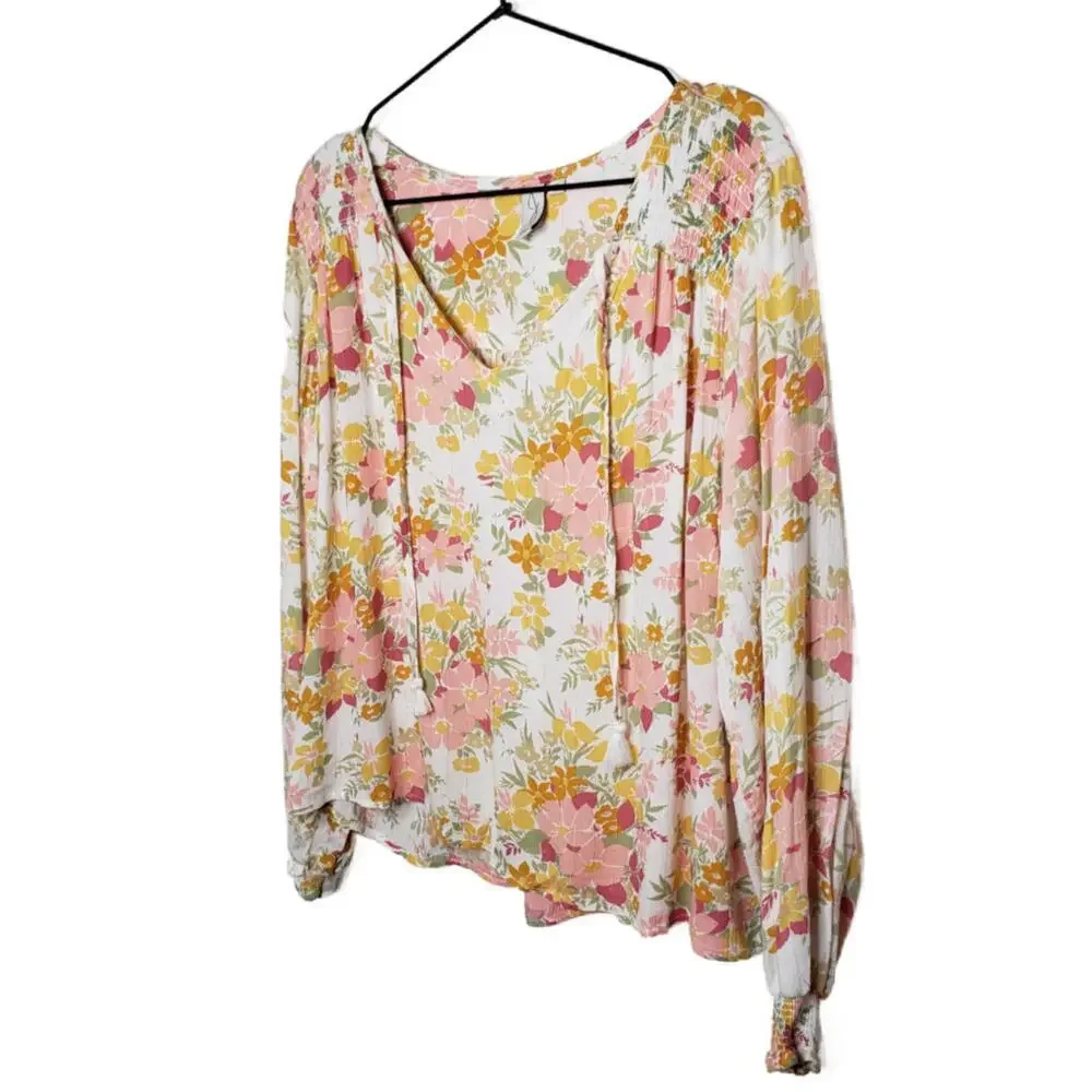 Joie Women's M Floral Pink/Gold Metallic V-neck Blouse Top(1774) - Picture 2 of 6